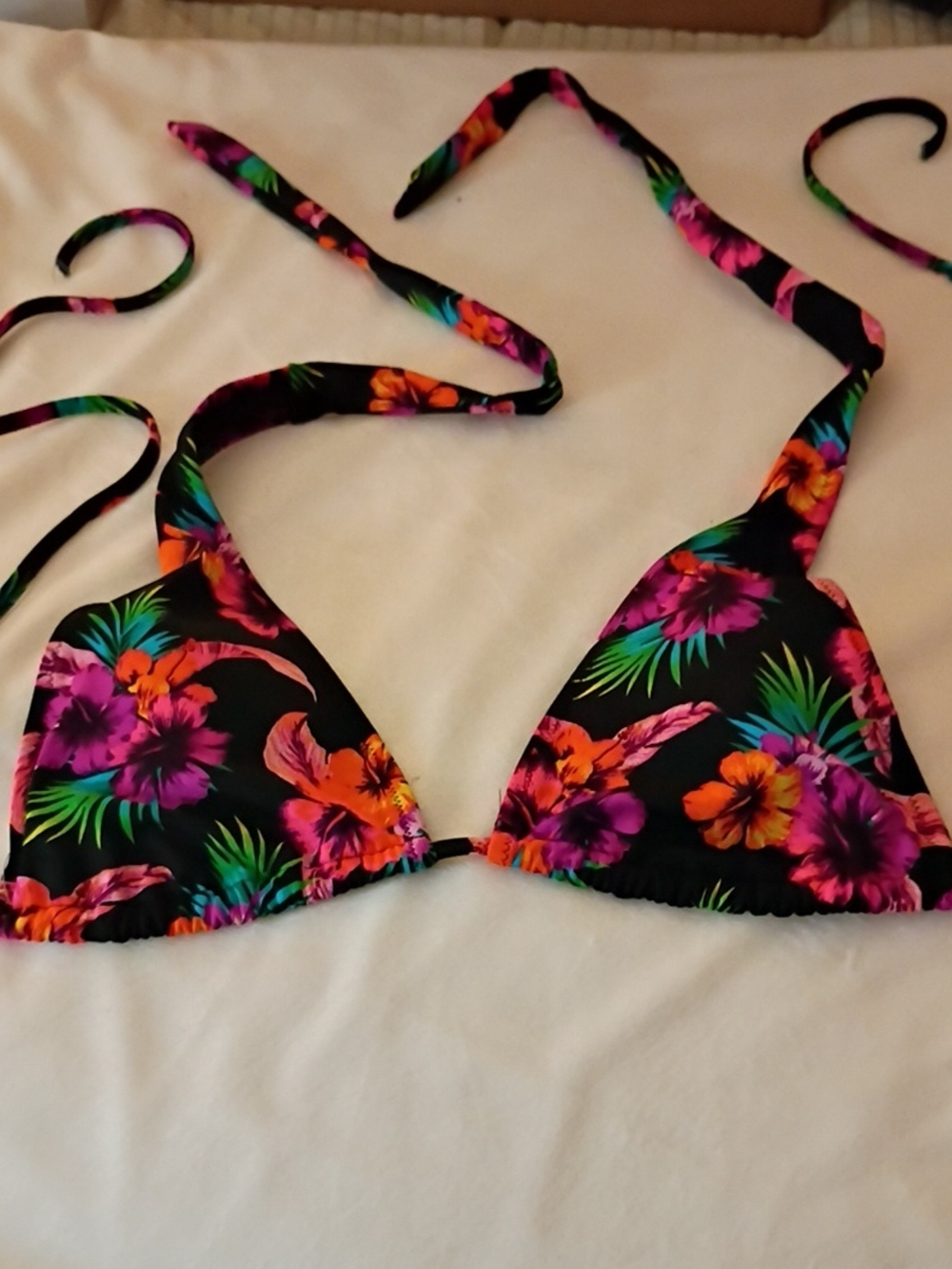 PINK Victoria's Secret Black Triangle Bikini Top with Pink & Orange Floral